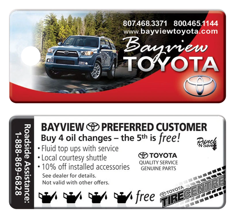 Bayview Toyota custom Punch-N-Save key tag, front and back