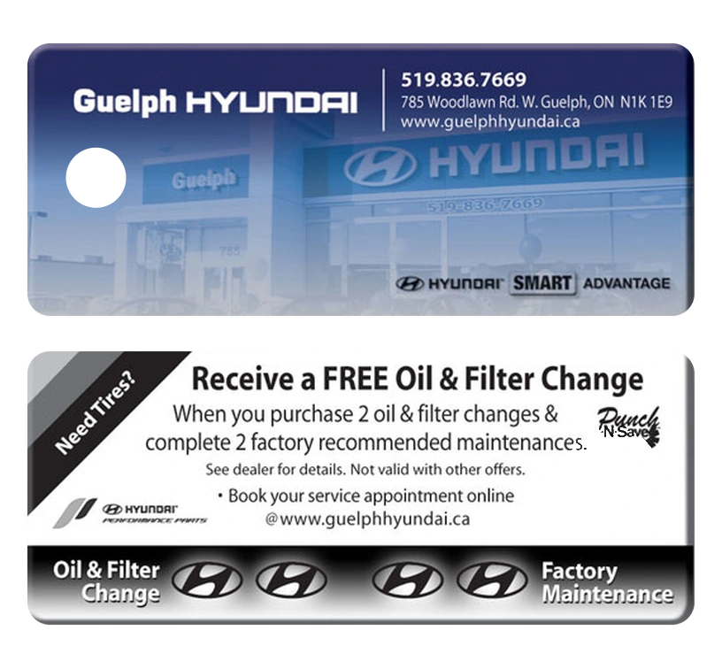 Guelph Hyundai custom Punch-N-Save key tag, front and back