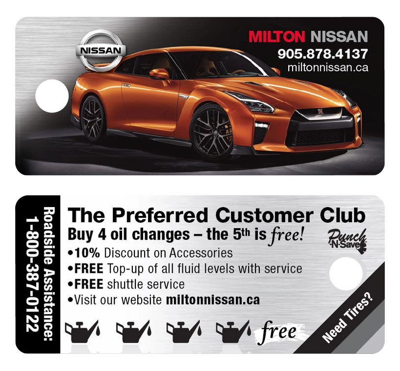 Milton Nissan custom Punch-N-Save key tag, front and back