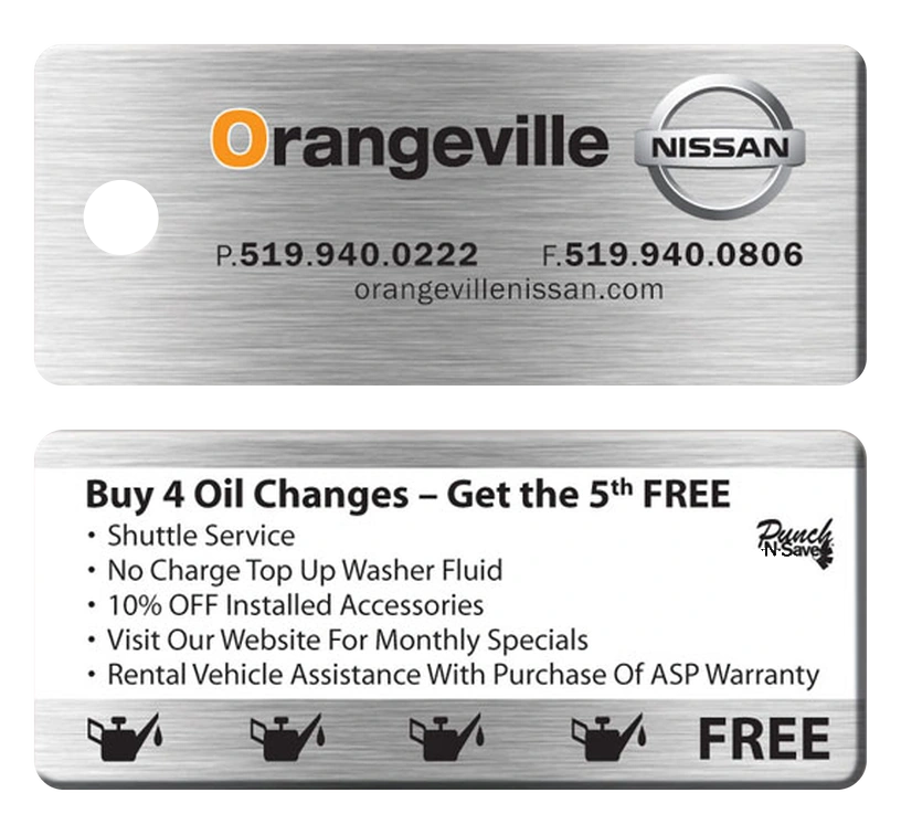 Orangeville Nissan custom Punch-N-Save key tag, front and back