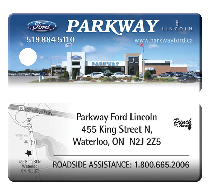 Parkway Ford Lincoln custom Punch-N-Save key tag, front and back