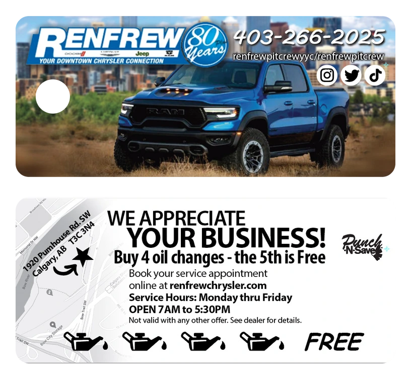 Renfrew Chrysler custom Punch-N-Save key tag, front and back